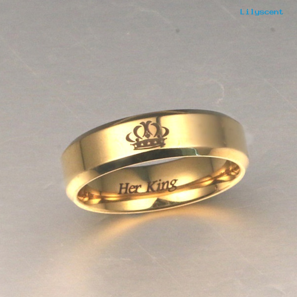 [LS] Cincin Pasangan His Queen Her King Crown Bahan Titanium Steel Huruf Ukiran Kekasih Cincin Perhiasan Untuk Tunangan