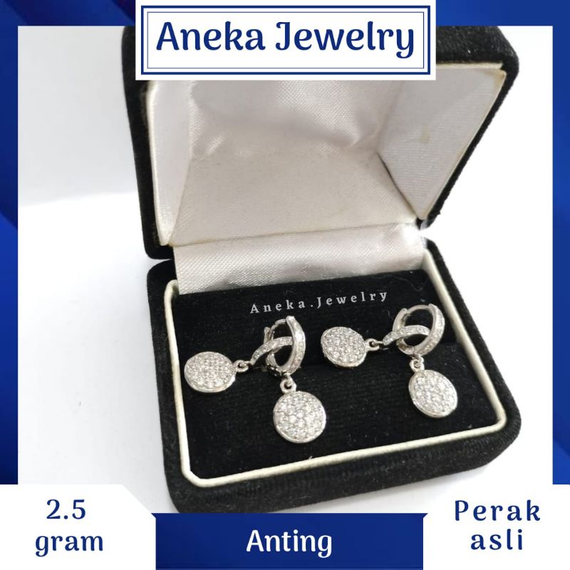 Anting Donat Gantung Bulat Full Mata, Sepuh Emas Putih, Perak 925