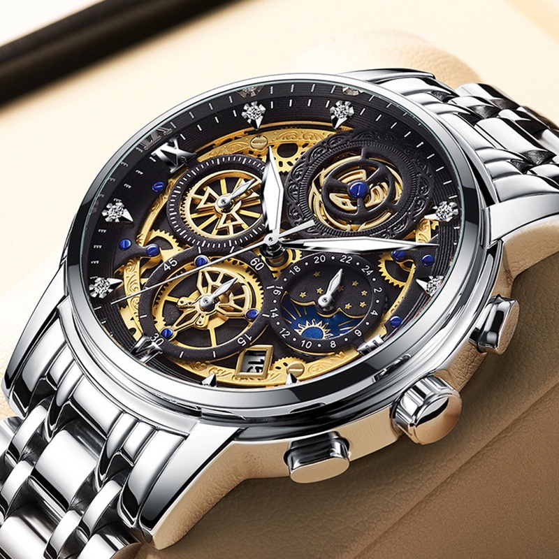 Jam Tangan Tourbillon Kerangka Mekanik Stainless Steel / Jam Tangan Pria Analog Anti Air Ada Kalende