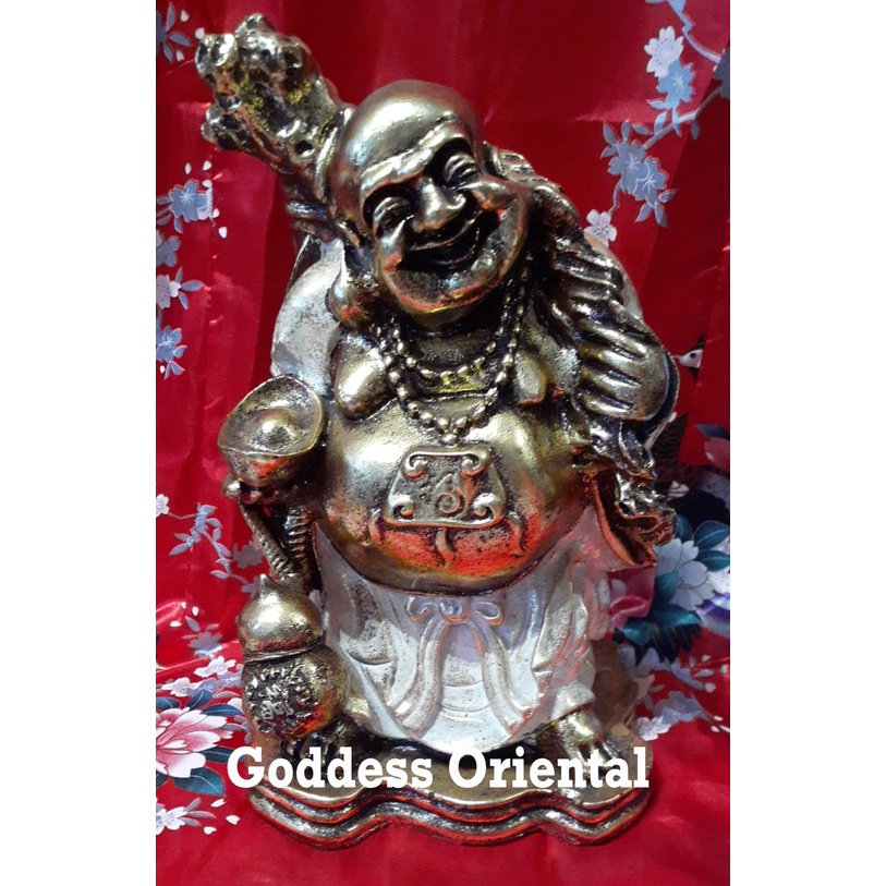 Patung Buddha Maitreya Mi Le Fo Membawa Karung Keberuntungan Besar 12 in 32 cm Emas & Bronze Mengkil