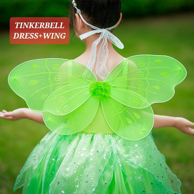 TINKERBELL DRESS WING KOSTUM PERI HUTAN HIJAU DAUN IMPORT FASHION DRES ULANG TAHUN