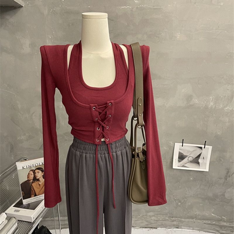 Red American hot girl design sense niche fake two-piece halter top autumn straps short slim long-sleeve shirt bottoming shirt