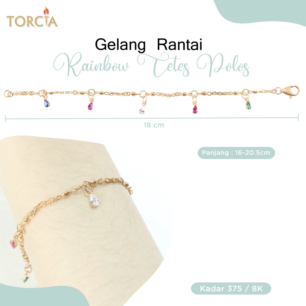 Gelang Rantai Emas Asli Rainbow Tetes Polos Kadar 375 Torcia