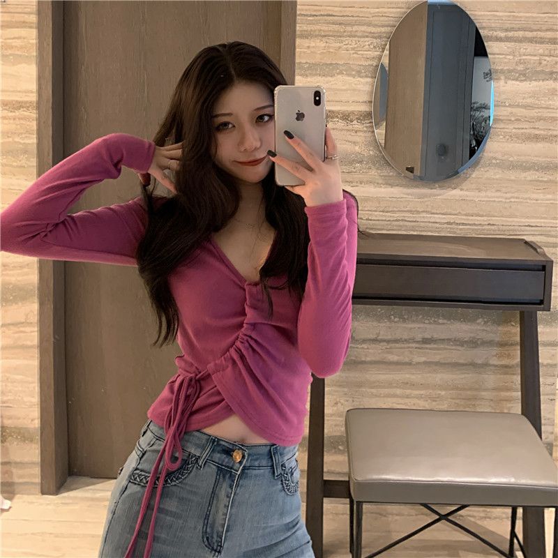 Red 95 kapas musim semi gaya asing baru V-neck rasa desain tali serut slim slim lengan panjang fashion top T-shirt wanita