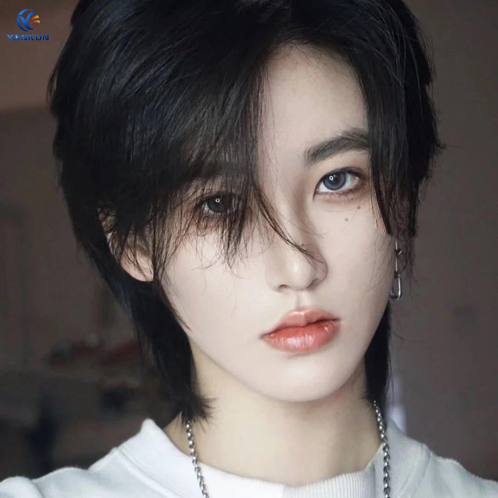 Woman man fashion Alami Sintetis Tampan Pendek Berbulu Cosplay Wig Mullet Kepala Wig