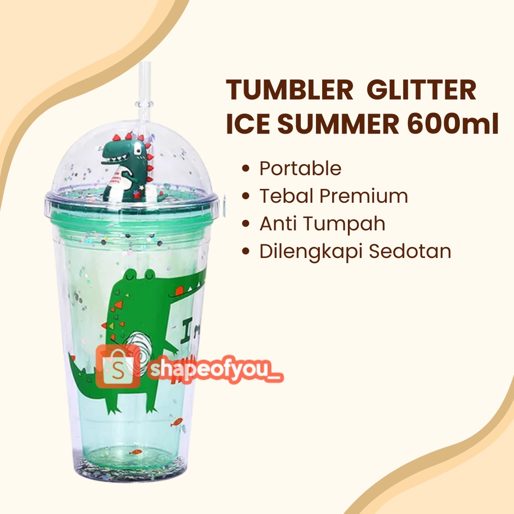 Botol minum Sedotan Tumbler Animal Dino Glitter 600ml Anti Tumpah Bpa Free