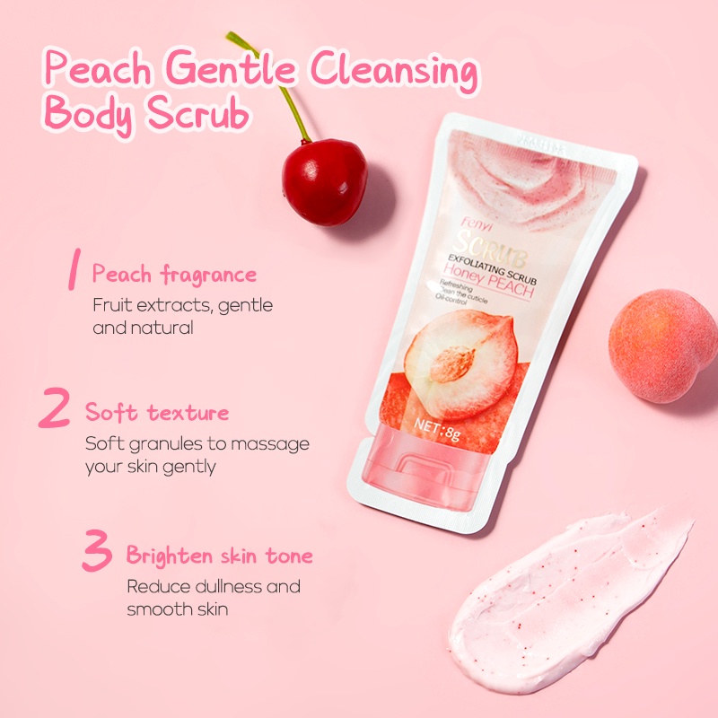 BPOM Fenyi Peach Body Scrub Sachet Mengeksfoliasi / Mengelupas Kulit Mati Membersihkan Dengan Lembut Body Care 8g