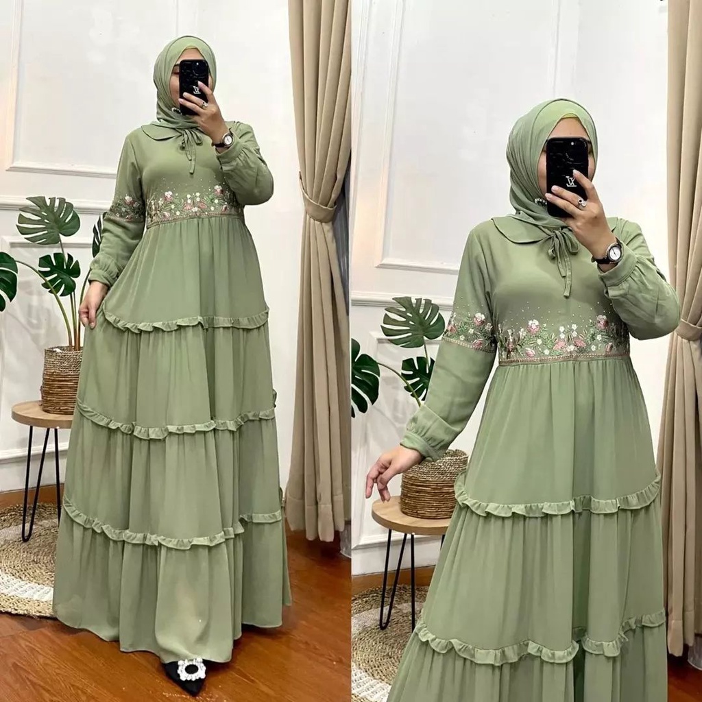Baju Kondangan Muslim Style Terbaru Molly Maxi Dress Bahan Ceruty Motif Bordir Asli Longdress Kekini