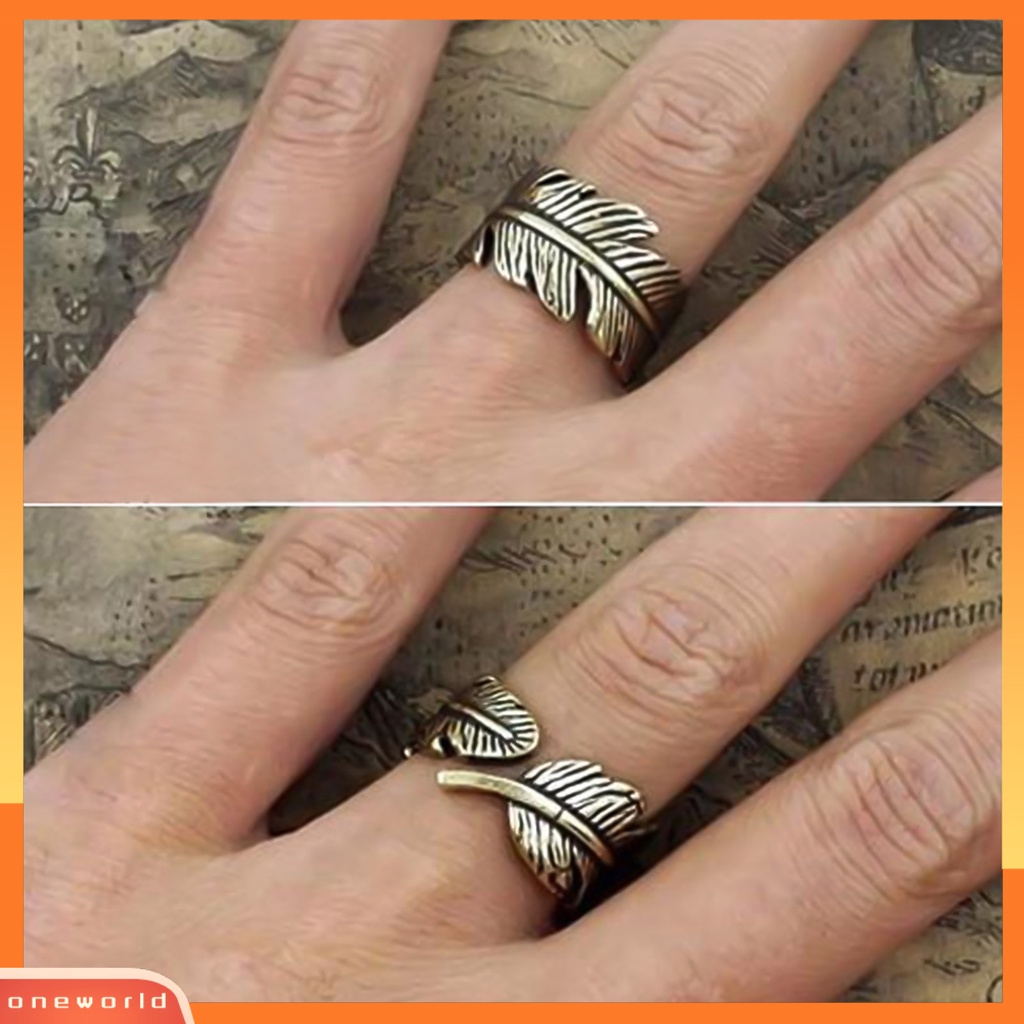 {oneworld} Cincin Terbuka Motif Daun Etsa Bulu Adjustable Bronze Antik Unisex Opening Ring Jewelry Untuk Pesta