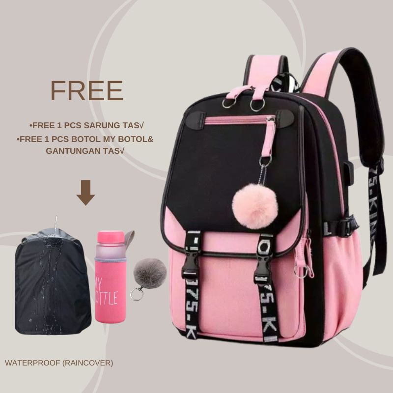 (COD)Tas Ransel free pompom Love Tas Ransel Backpack Cocok untuk Segala Tema Tas Sekolah Anak Perempuan