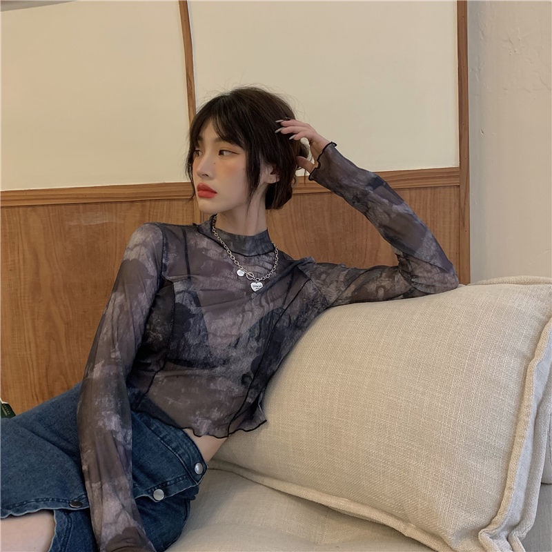 Red Gadis Panas Pendek Tie-Dye Top Wanita 2022 Musim Panas Baru Tipis Kemeja Mesh Tabir Surya Lengan Panjang t-shirt