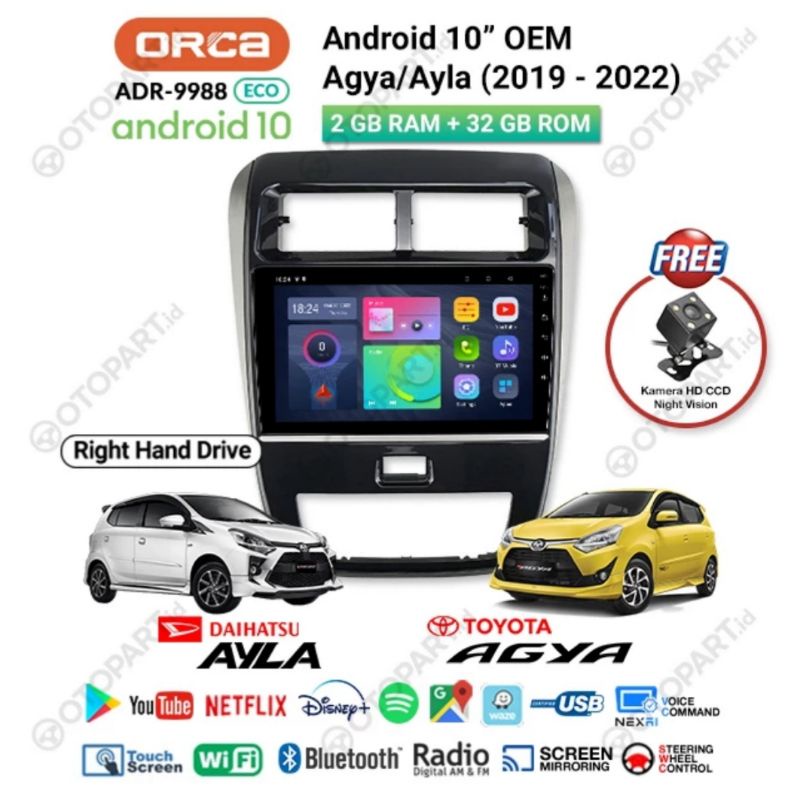 Head Unit Android 10&quot; ORCA 2/32 GB AGYA 2019 AGYA 2020 AGYA 2021 AGYA 2022 ANDROID APPLE CARPLAY ORCA