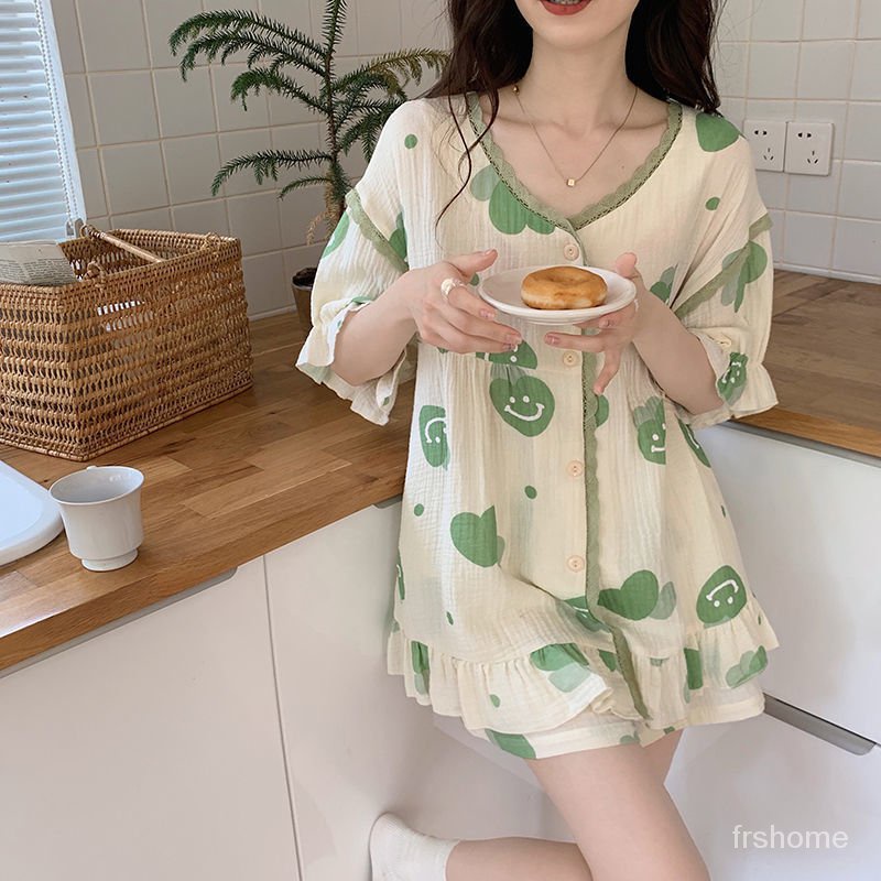 Jepang manis manis piyama musim panas wanita katun musim panas gadis renda renda katun linen gaya pu