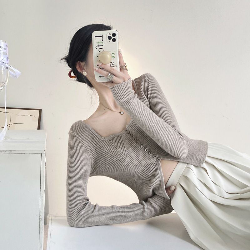 Red Retro Jepang Angin Lembut Pendek Slim Kecil Seksi Pakaian Rajut Atasan Lengan Panjang Di Dalam Bocor Klavikula Sweater Pakaian Wanita