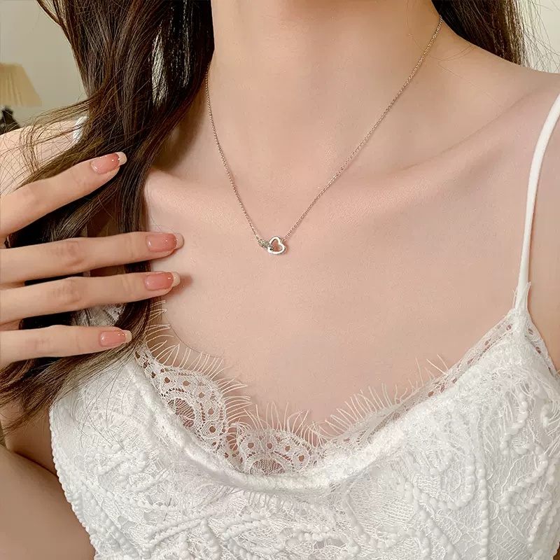 Papaozhu Korea s925 Perak Berlian Imitasi Terkait Jantung Liontin Kalung Untuk Wanita Perempuan Elegan Bersinar Hati Ke Hati Pasangan Kalung Pecinta Perhiasan Hadiah