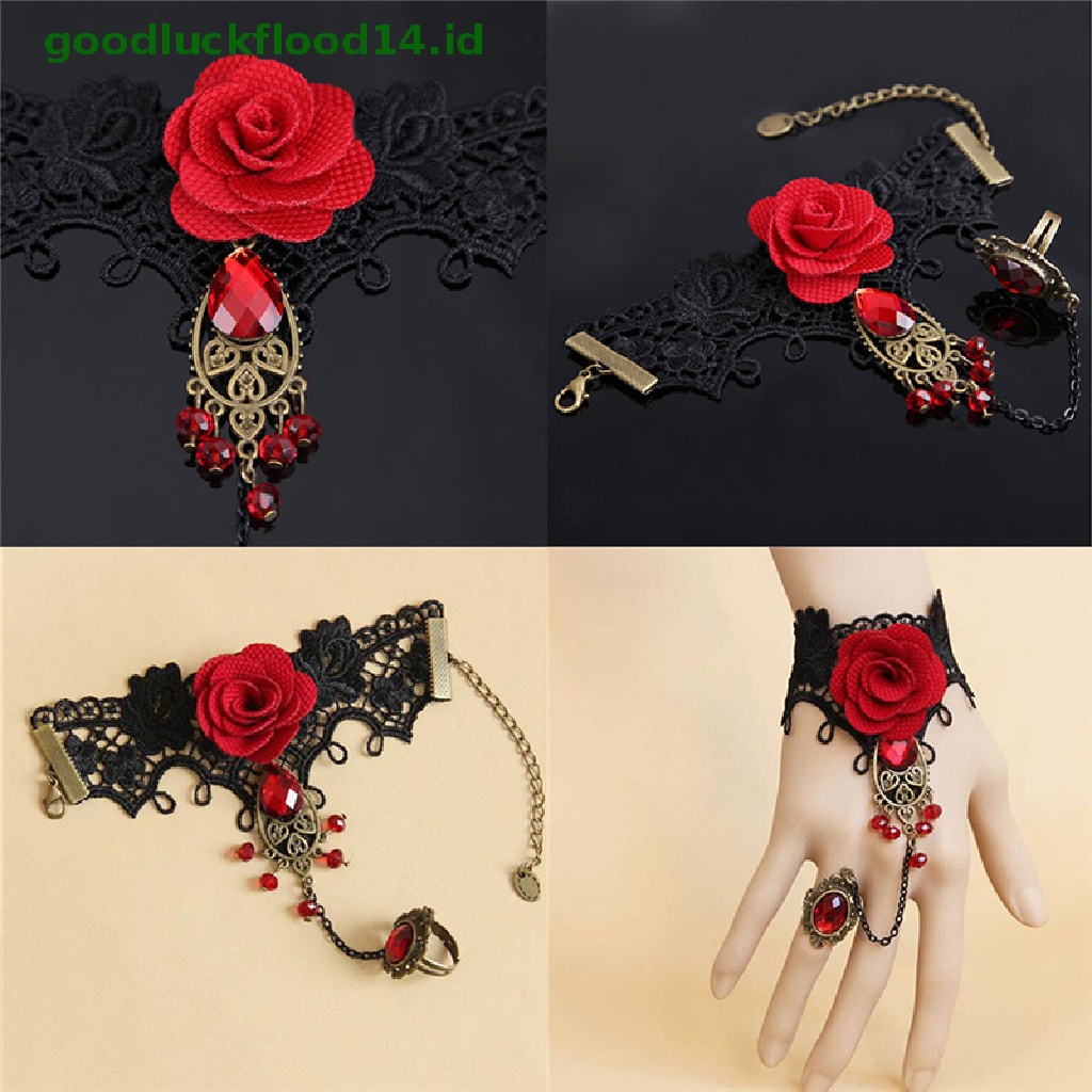 [GOOGFOUR] Hot New Gelang Mawar Merah Renda Gaya Gotik Elegan Dengan Cincin Jari Yang Dapat Disesuaikan [TOP]