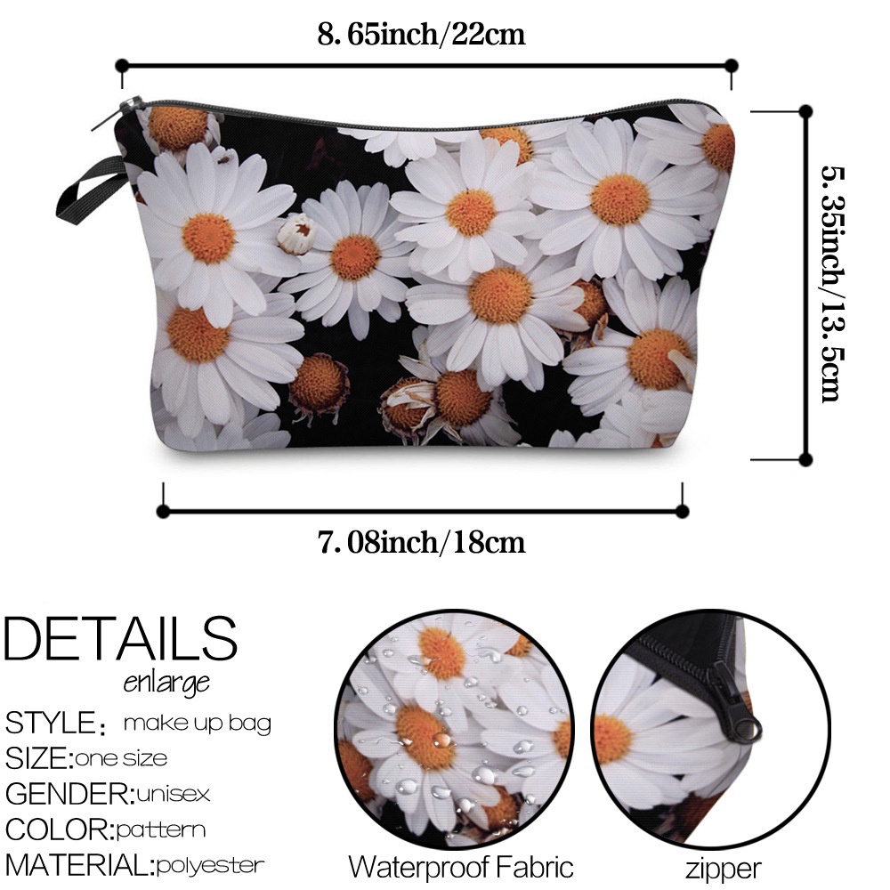 Dompet/Tas Kosmetik Tahan Air Poliester, Motif Bunga Daisy