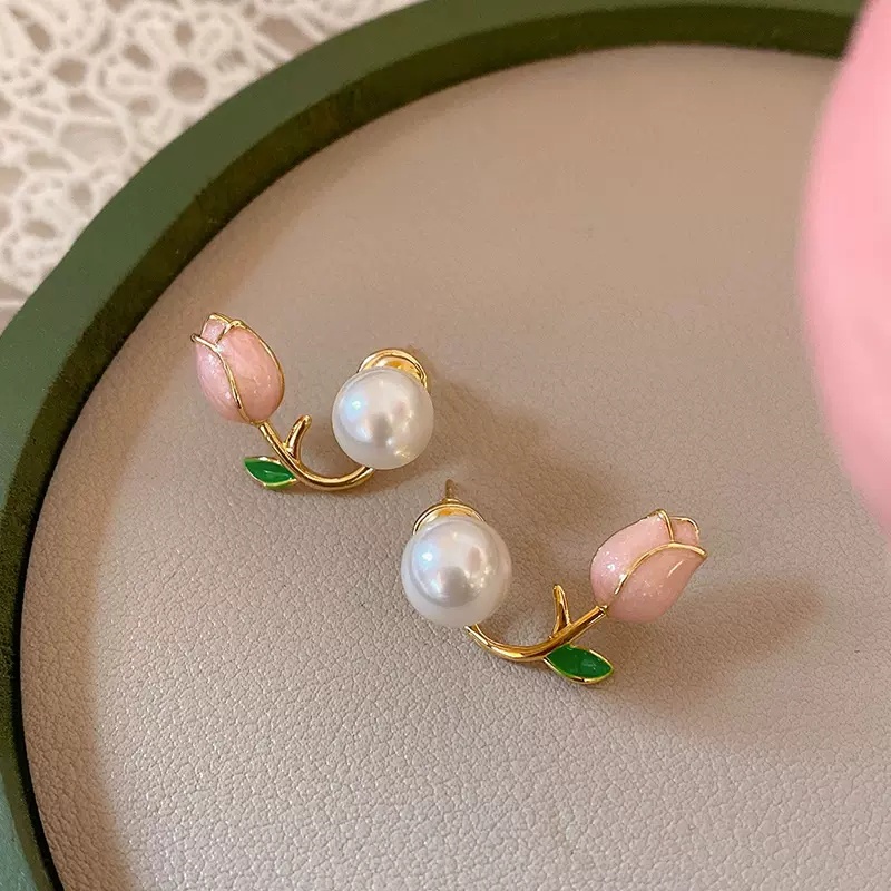 Anting Mutiara Korea Perempuan Bunga Tulip Fashion Mewah Anting Jarum Perak925