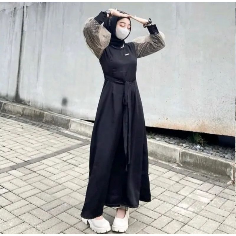 Dress Pesta Bahan Satin Lengan Balon Lapis Tile Polka