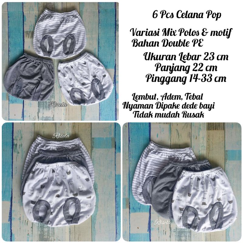 6 Pcs Celana Pop Bayi Newborn Seri Polos Abu Mix Motif