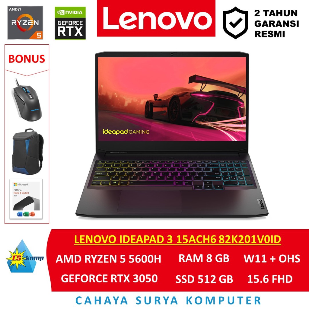 Lenovo Ideapad 3 15ACH6 82K201V0ID AMD Ryzen 5 5600H NVIDIA GeForce RTX 3050 RAM 8GB SSD 512GB W11 O