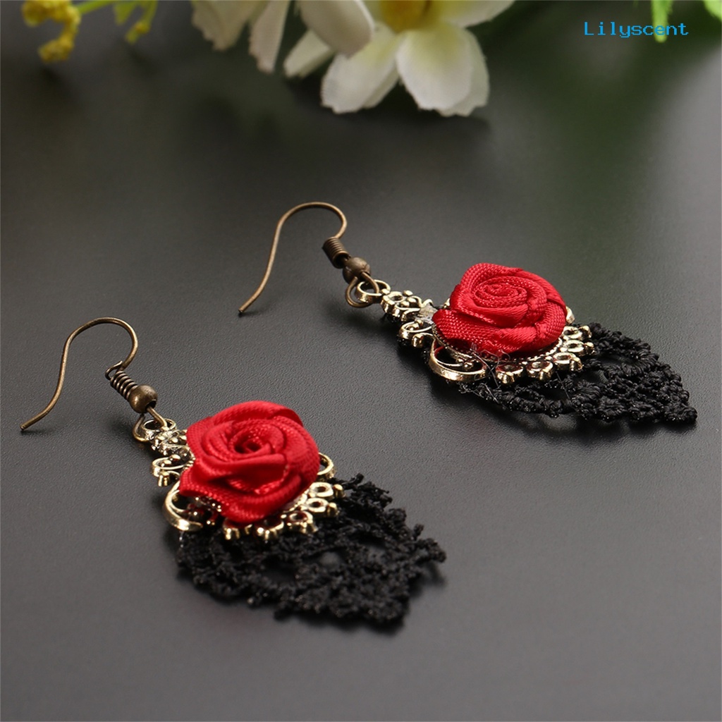 [LS] 1pasang Fashion Wanita Renda Mawar Merah Berongga Menjuntai Kait Anting Perhiasan Hadiah