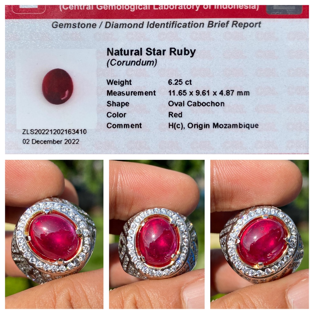 Natural 6.25ct Star Ruby Pigeon Blood Ruby Hc Ring Perak