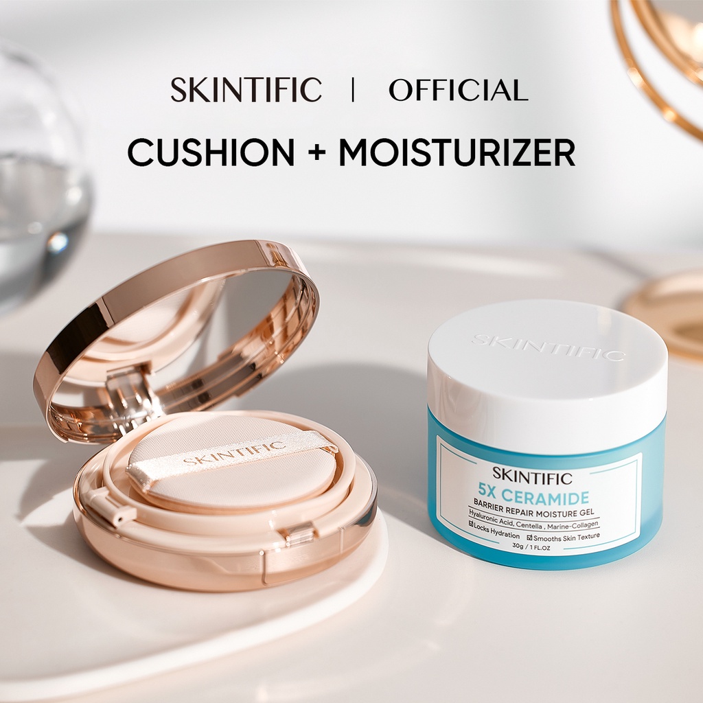 SKINTIFIC Cover All Perfect Air Cushion + 5x Ceramide Moisturizer High Coverage Poreless&Flawless Foundation 24H Long-lasting SPF35 PA++++