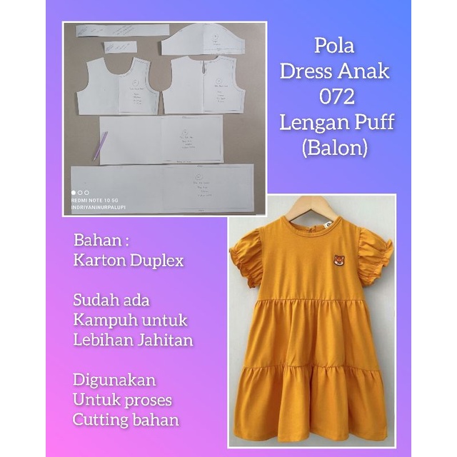 POLA DRESS ANAK 072 - Pola Baju Anak - Pola Produksi dress anak lengan puff / balon rok dengan 2 susun kerut