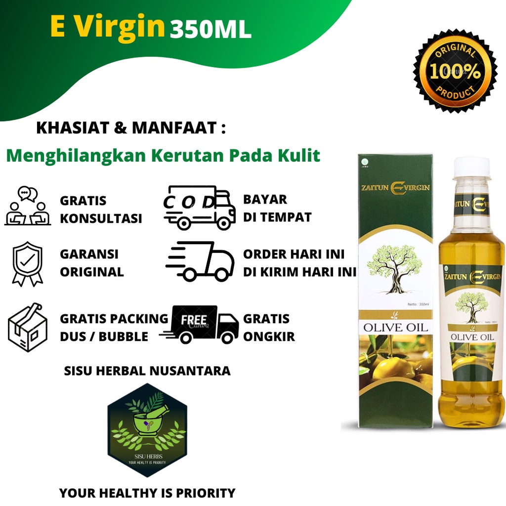 E Virgin Minyak Zaitun Jaitun Ori Asli Murni Extra Virgin Olive Oil Untuk Diminum Wajah dan Kulit Rambut Urut 350ml