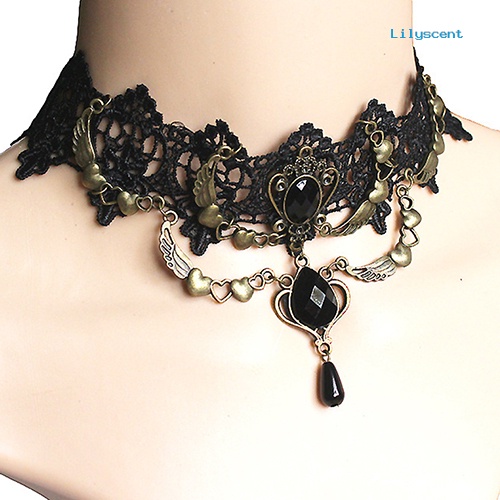 Ls Women's Vintage Gothic Steampunk Choker Renda Jantung Sayap Teardrop Kerah Kalung