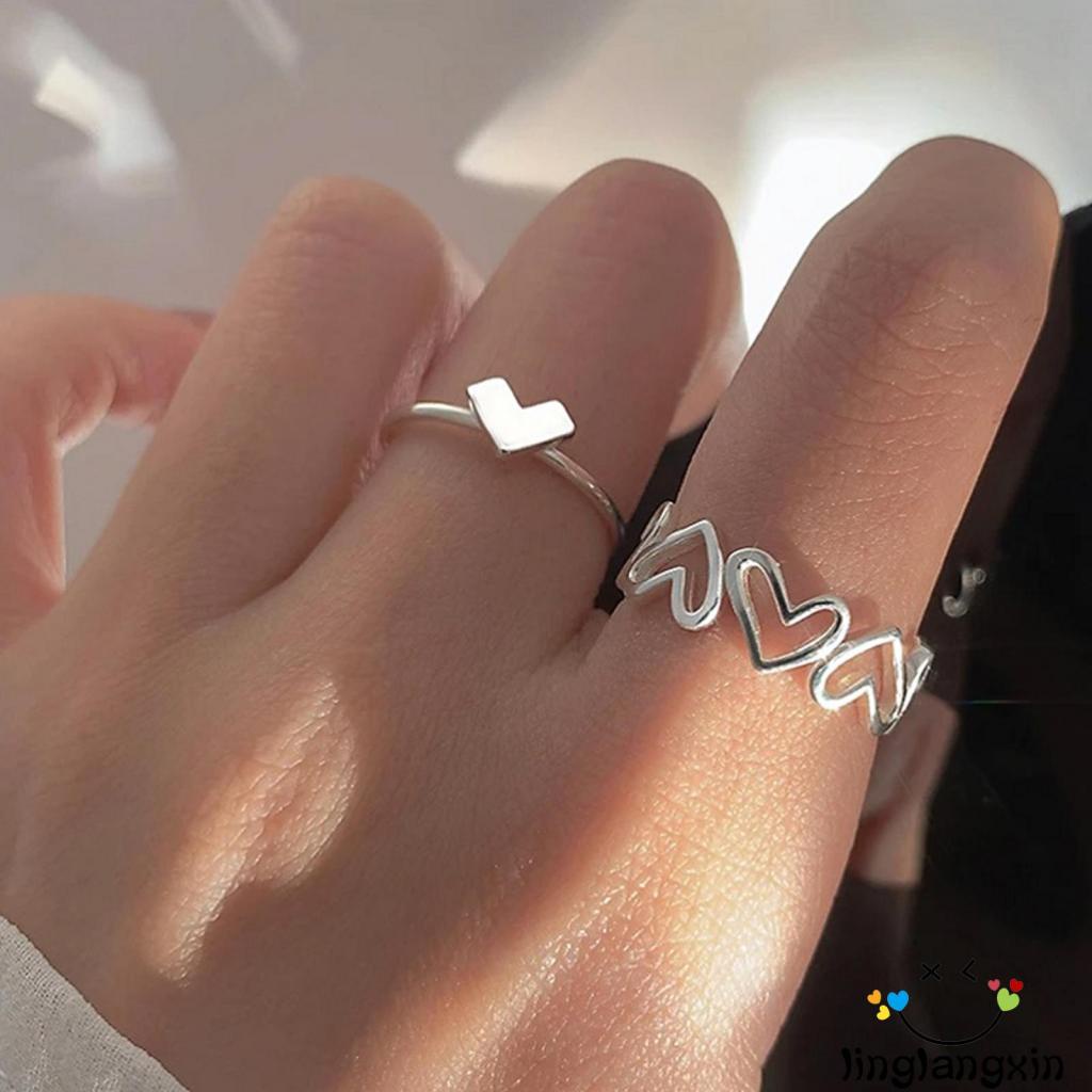 Llx-2 Buah Cincin Jari Set Bukaan Dapat Disesuaikan Dengan Desain Berbentuk Hati Cinta