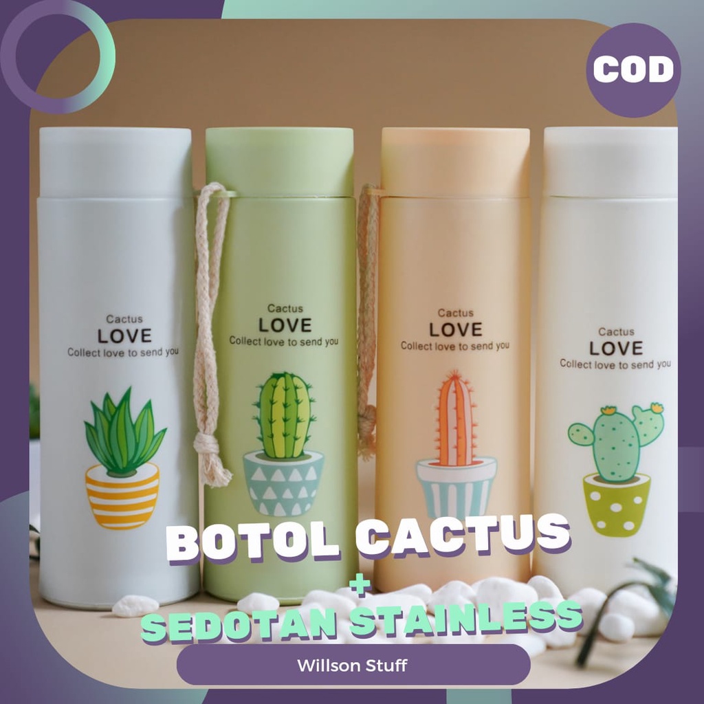 Souvenir Botol Kaca Motif Kaktus + Sedotan Stainless Satuan / Tumbler Kaca Motif Kaktus Satuan