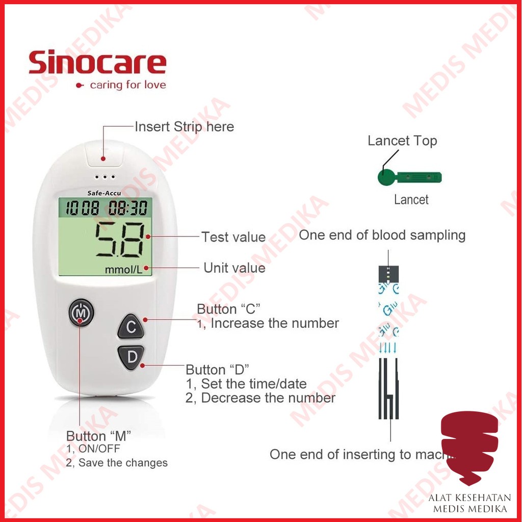 Sinocare Safe-Accu Alat Cek Gula Darah Test Uji Glucose Safe Accu