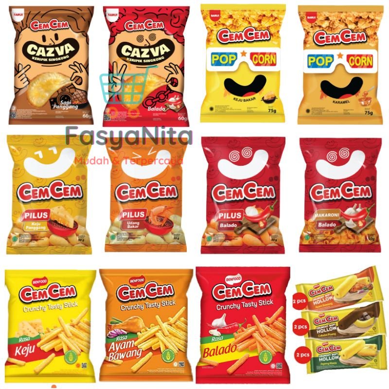 

CEM-CEM Aneka Cemilan Pilus Makaroni Cazva Pop Corn stick hollow all variant balado keju bakar udang ayam bawang cemcem cem cem