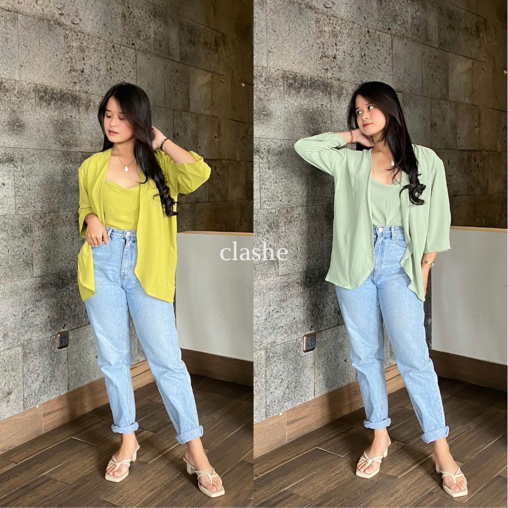 One Set Setelan Cardigan Lengan Panjang Dan Tanktop Wanita Kekinian Korean Style Ootd Terbaru Crinkle Airflow Anti Lecek Maia Top by Clashe