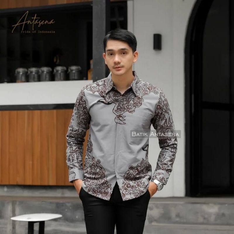 Baju Kemeja Batik Pria Lengan Panjang Slim Fit Lapis Furing Katun Halus Premium Modern Sragenan AKAR ABU