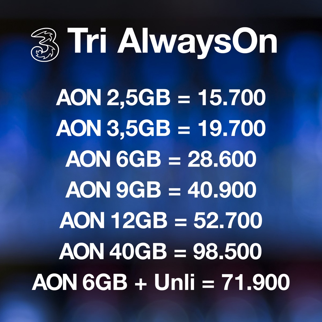 Jual Kuota Tri 3 Three AON 2,5GB 3,5GB 6GB 9GB 12GB 40GB Always On ...
