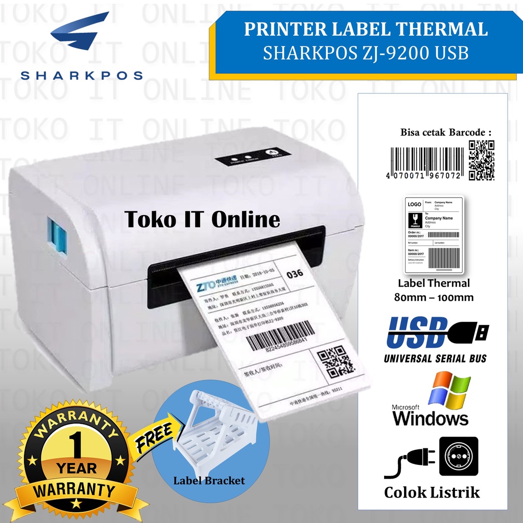 PRINTER BARCODE THERMAL SHARKPOS ZJ9200 100MM USB BLUETOOTH CETAK RESI A6 SP 9200