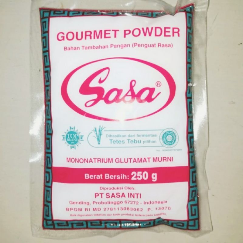 

SASA 250GR / MICIN SASA 250 GR / PENYEDAP RASA MAKANAN / MSG / MONONATRIUM GLUTAMATE 250 GR / MICIN SASA / VETSIN / SASA GOURMET POWDER / BAHAN TAMBAHAN PANGAN PENGUAT RASA