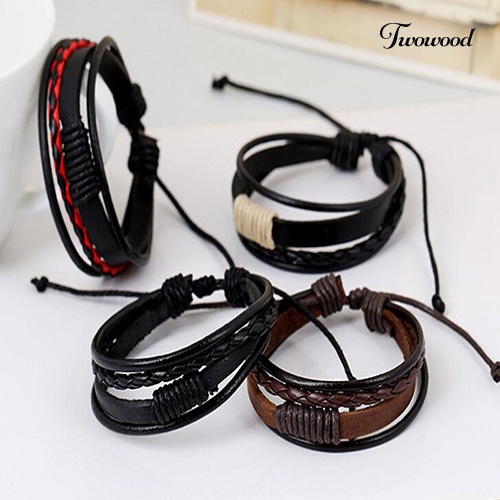 Twowood Unisex Vintage Retro Multilayer Braided Faux Leather Wristband Gelang Bangle