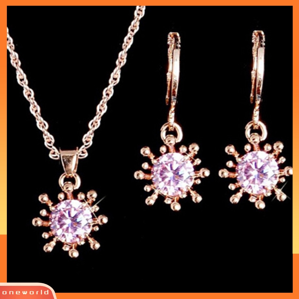 [oneworld] 2pcs/set Wanita Bunga Berlian Imitasi Hias Liontin Kalung Anting Perhiasan Pesta