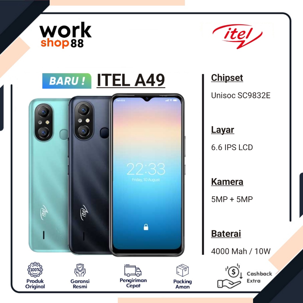 Produk Baru - Hp Itel A49 - Ram 2GB + Rom 32GB - New Original - Garansi Resmi Nasional - Warna terba