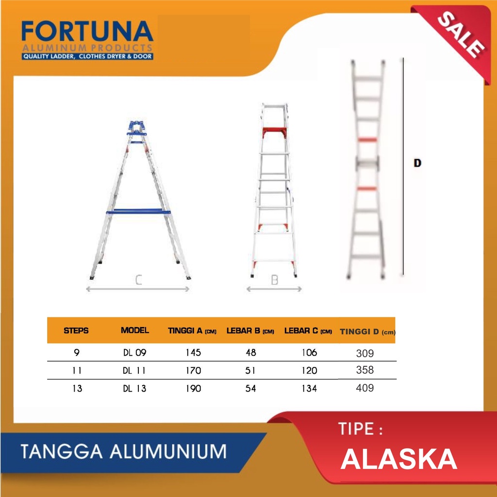 Fortuna Alaska DL 13 Tangga Lipat Aluminium Metal Steel 190cm 4meter DL13