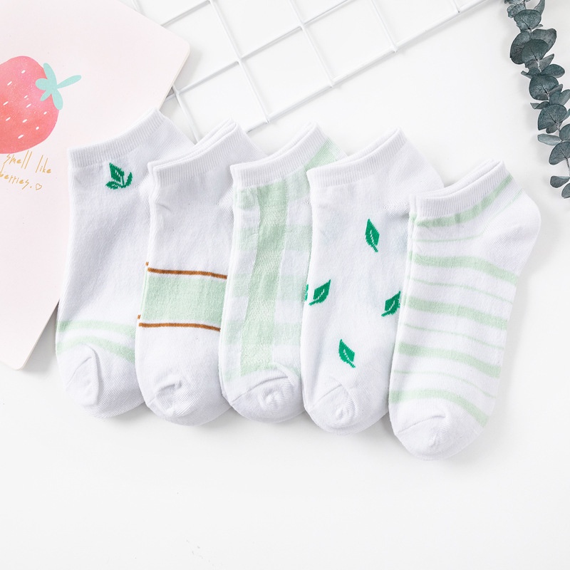 IL - Kaos Kaki Wanita Motif Daun Hijau Putih Kaos Kaki Pendek Semata Kaki SC-29