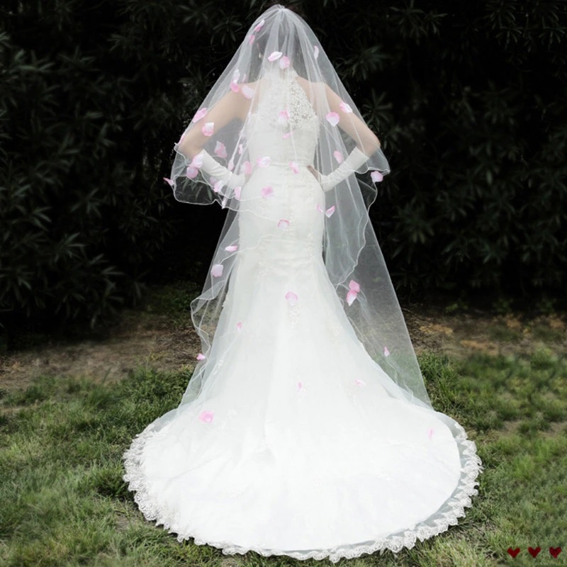 SR114 Veil mawar Romantic Wedding Veil dengan kelopak mawar pink