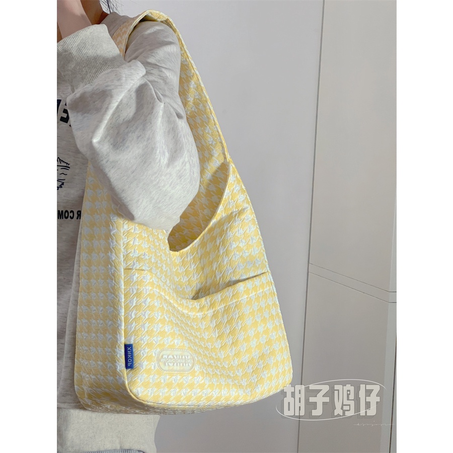 ☽▧Sera Versi Korea dari Houndstooth Tote Bag Wanita Kapasitas Besar Tas Wanita Commuter Tas Gelembung Grid Gadis Pelajar kelas Tas Bahu