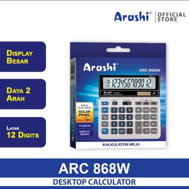 Arashi Calculator ARC 868 White/ BLACK - Kalkulator 12 Digital - Tahan - Awet