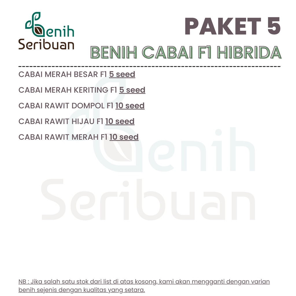 Benih Seribuan - Paket 5 Macam Bibit Cabe Rawit F1 Hibrida Sayuran Cabai Tahan Hama