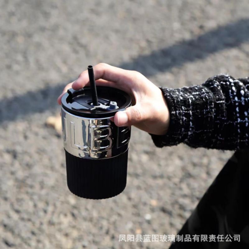 【RUMATIDY】Tumbler Kaca Silver Cup Estetik Kopi Coffee dengan Sedotan Aesthetic Tumblr Bottle Coffeee